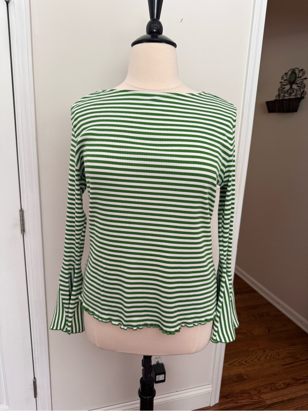 Cato Green and White Striped Long-Sleeve Ribbed Tee